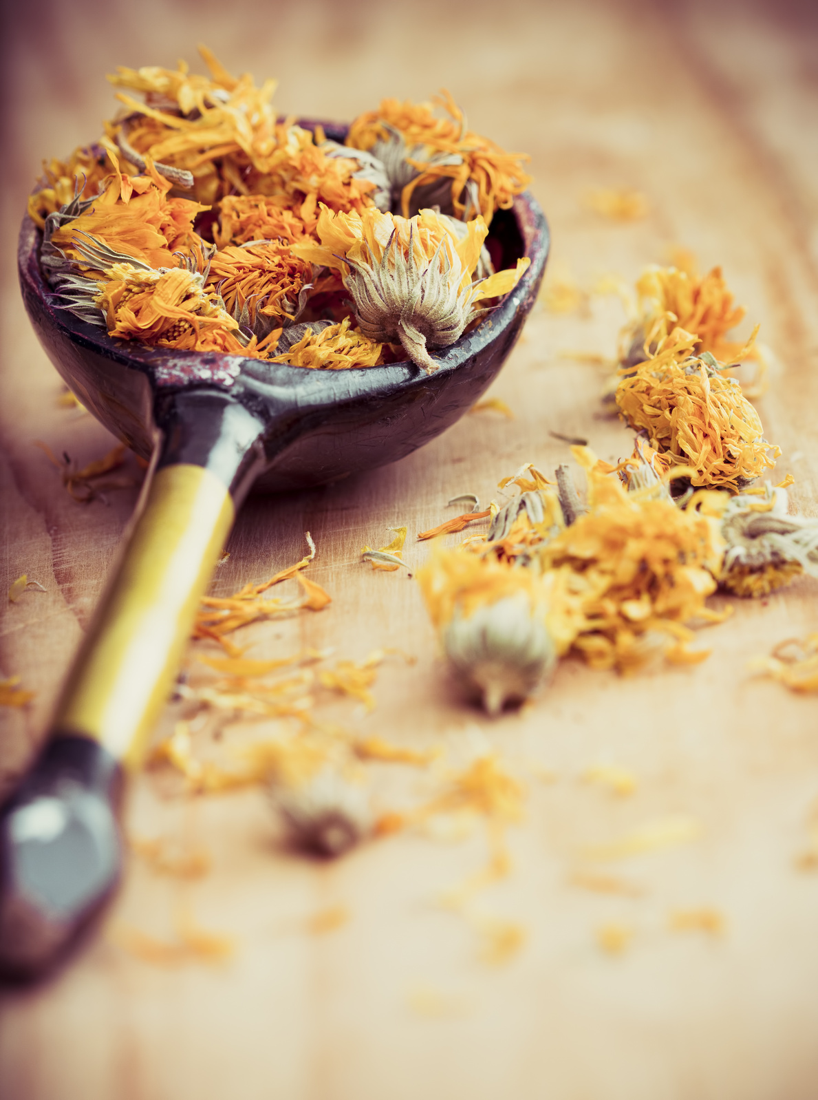 Dried Marigold Flowers in rustic spoon